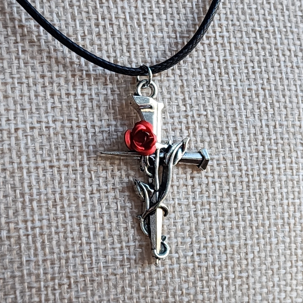 Silver Goth Easter Cross Pendant Necklace with Red Rose